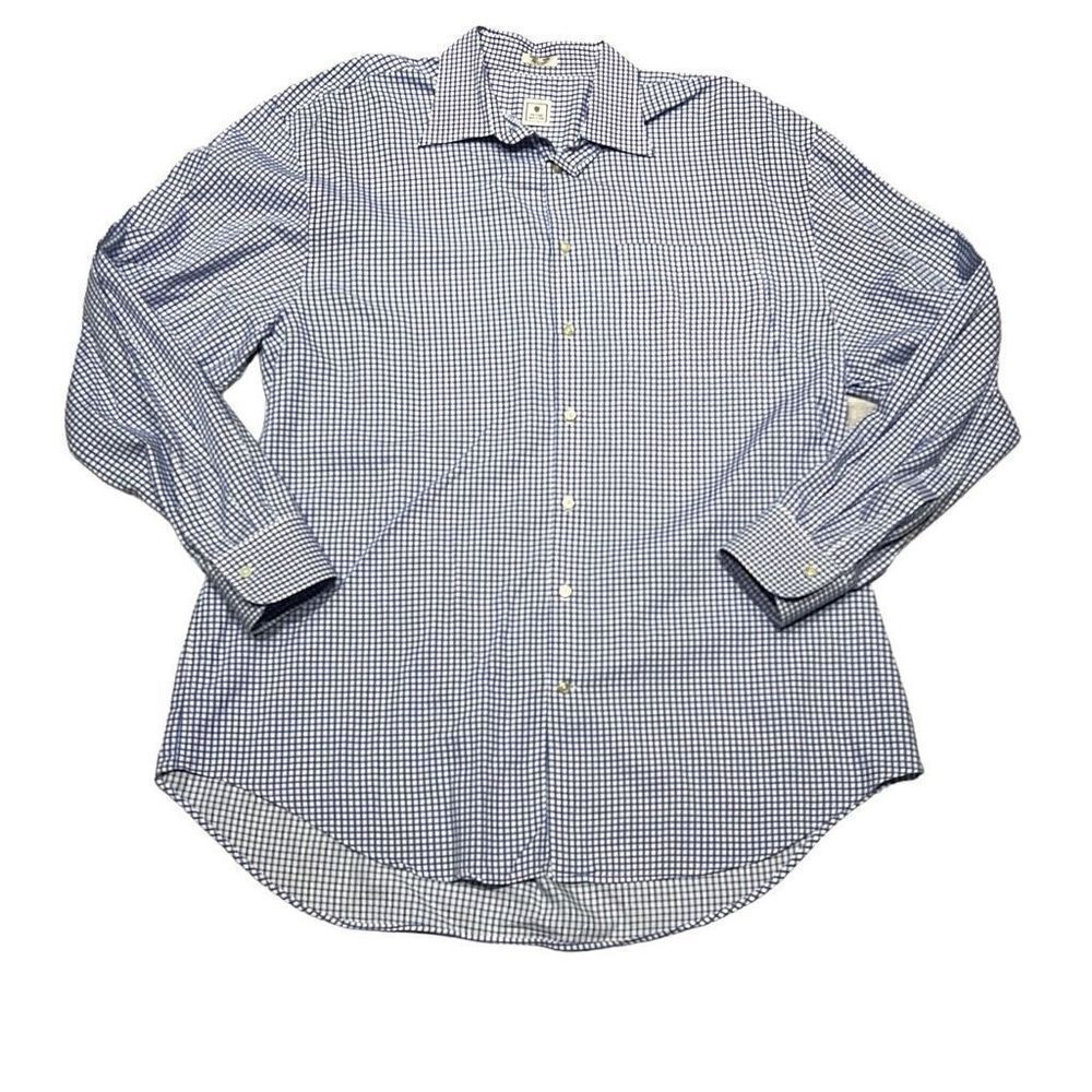 Peter Millar Mens Plaid Collared Long Sleeve Dress Shirt Blue White Size XL